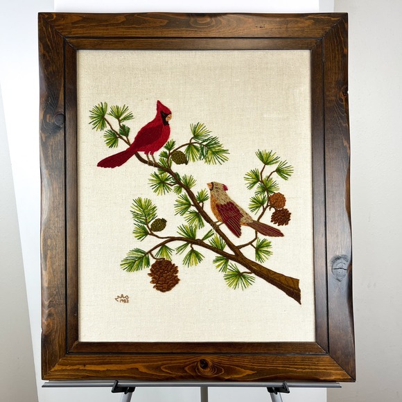 Professionally Framed Crewel Embroidered Art Vintage 1983 Cardinal Birds Pine